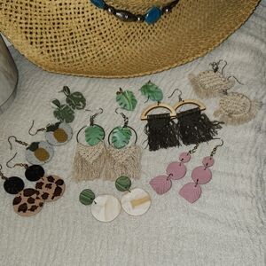 9 Bohemian Style Earrings Set - Green, Pink, Beige